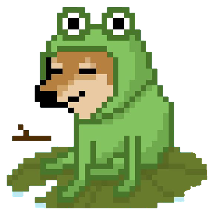 Croak Dog, a shiba-faced dog in a green frog suit, sitting on a lily pad