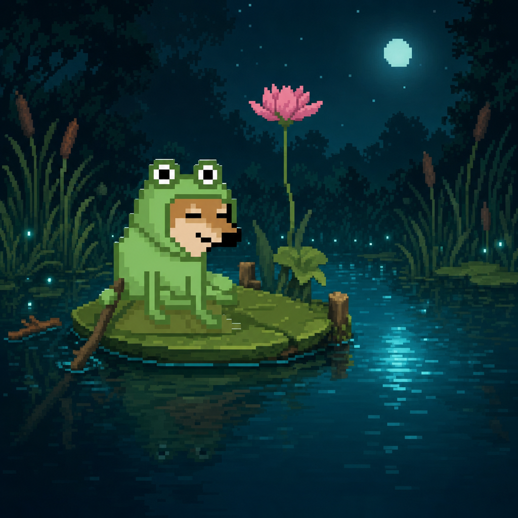 Croak Dog on a lily pad in a moonlit pond beside a tall pink lotus